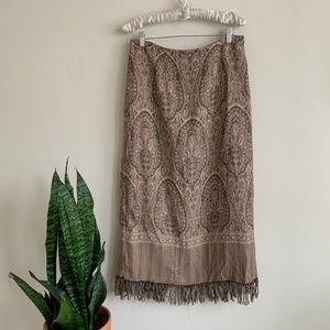 Dress Barn Tan Tapestry Print Fringe Maxi Skirt